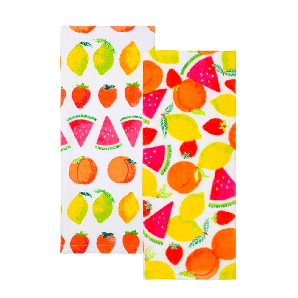 Set of 2 Summer Fruits Kitchen Towels Lemons Limes Oranges Watermelon Strawberry